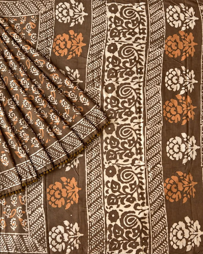 Mul Cotton Saree with Hand  Floral Print Border- Brown