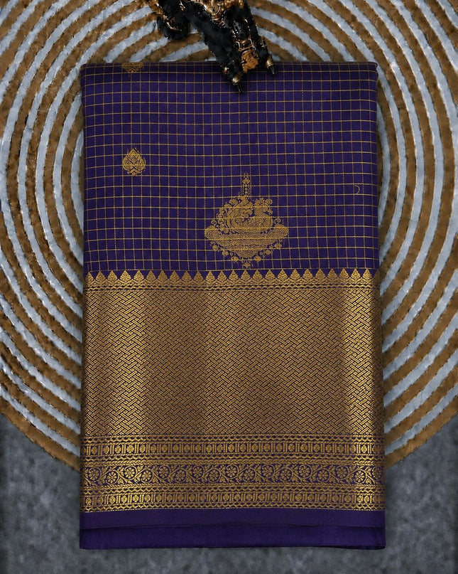 Pure Pattu Saree With Golden Check Weaving and Flower Buttes and Kaddi Border -Navy