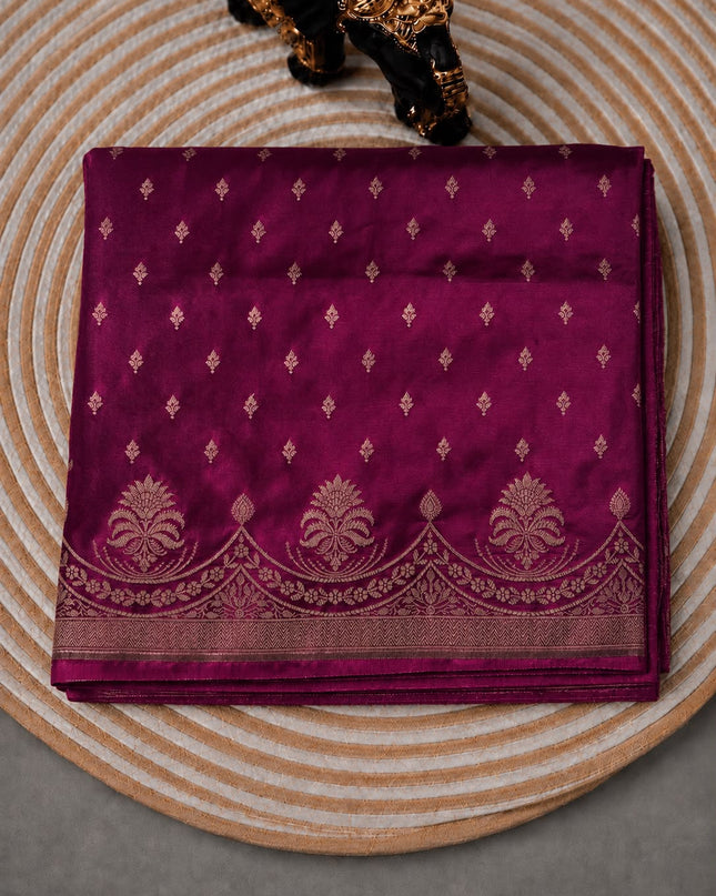 Mashru Banaras saree with All over Gold Zari Weaving Buttes and Zari Scallop Border - Magenta