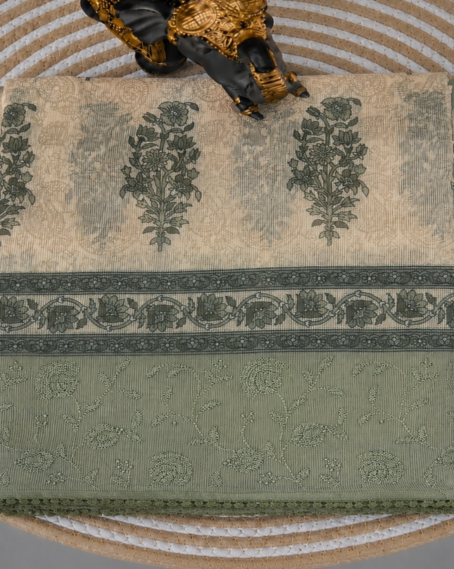 Silk Kota Saree with Floral Print and Thread Embroidery work Border with Lace - Olive Green