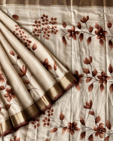 Munga Silk Saree With Floral Print and Kaddi Border -  Beige & Brown