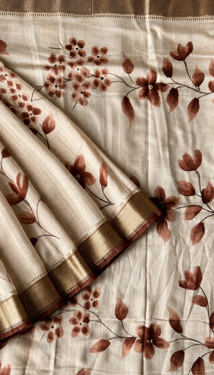 Munga Silk Saree With Floral Print and Kaddi Border -  Beige & Brown
