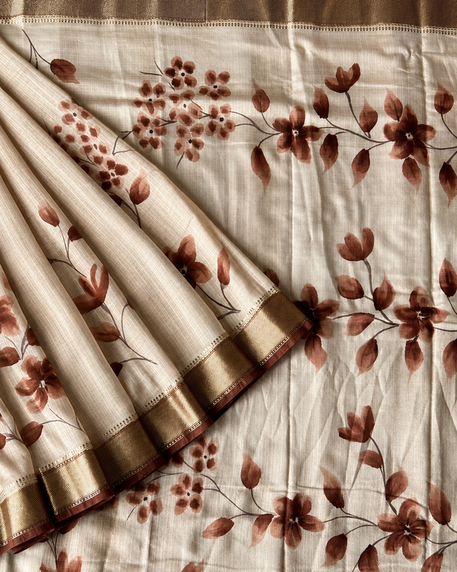 Munga Silk Saree With Floral Print and Kaddi Border -  Beige & Brown