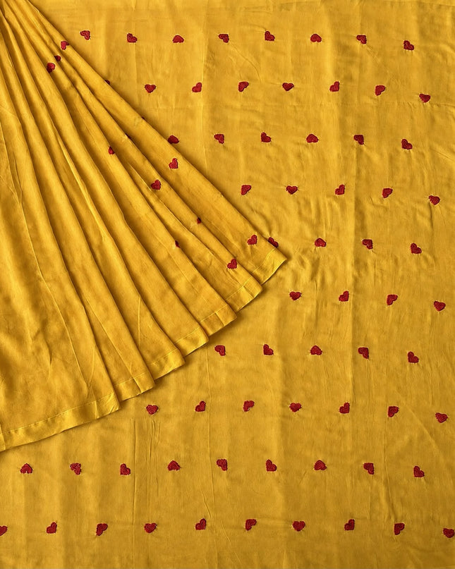 Mul Cotton Saree with Thread Work Buttes and Tassels-  Mustard