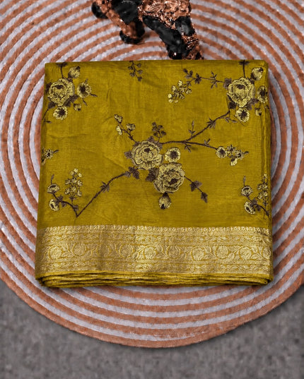 Channon saree with All over Thread Embroidery Work and Gold Border - Mehandi Green