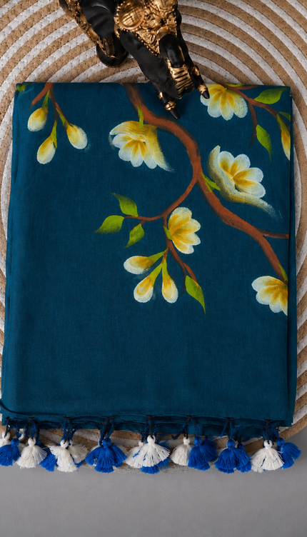 Mul cotton saree with Hand Painting  -  Peacock Blue