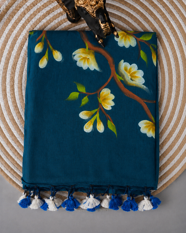 Mul cotton saree with Hand Painting  -  Peacock Blue