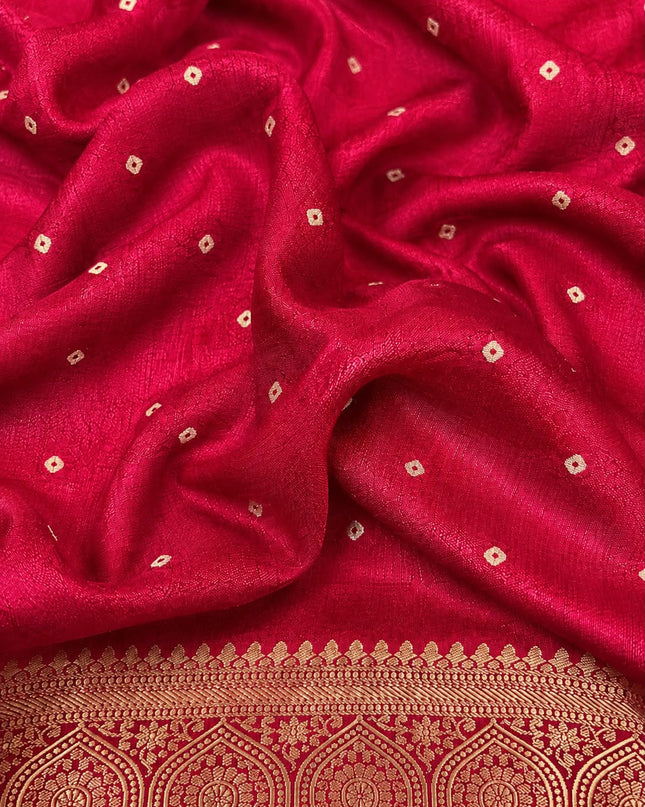 Tusser Silk Saree With Bhandni Print and Golden Border - Pink