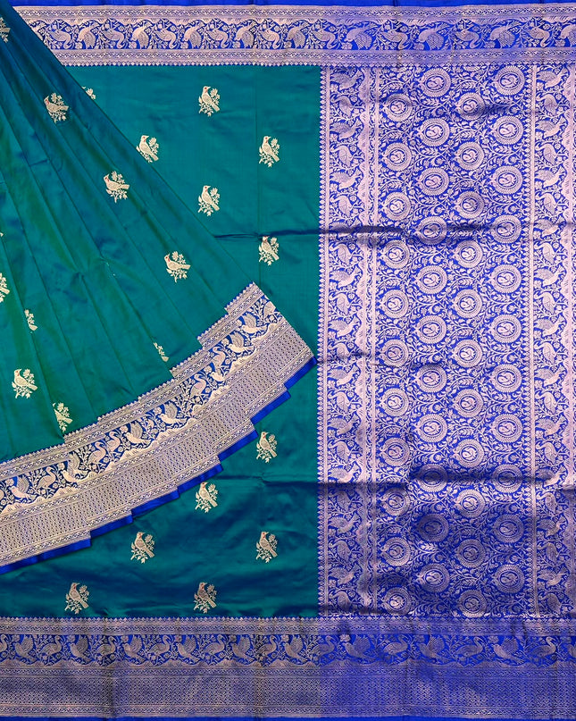 Kathan Silk Saree With All over Golden  Peacock Buttes and Golden Zari Weaving Border - Peacock Blue