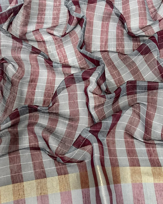 Linen Tissue Saree with Multi Stripes and Pichwai Border - Maroon
