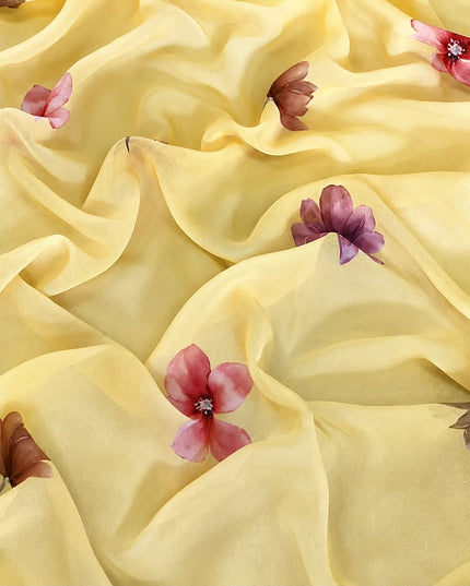 Georgette Saree With Allover Floral Print With Contrast Border - Mustard