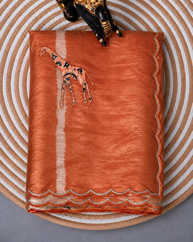 Soft  Orznga  Saree With Applique work and scallop Border-  Orange