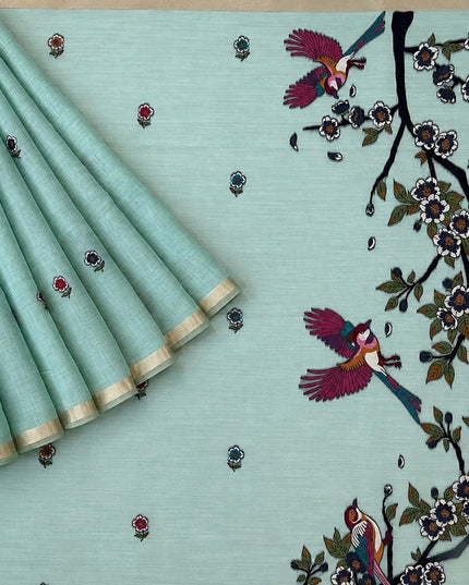 Cotton Chanderi Jamdani Saree withfloral Print Golden Border - Sky Blue