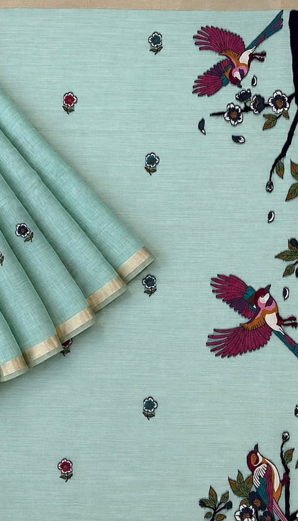 Cotton Chanderi Jamdani Saree withfloral Print Golden Border - Sky Blue