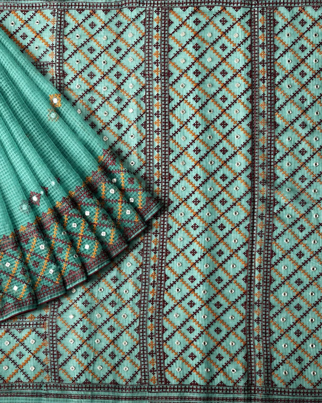Kota Cotton Saree With Cross Stich Work With Mirror work and piping Border - Rama Green