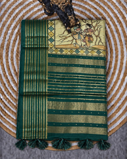 Mangalagiri saree with Potola Print and contrasting border - Pista Green