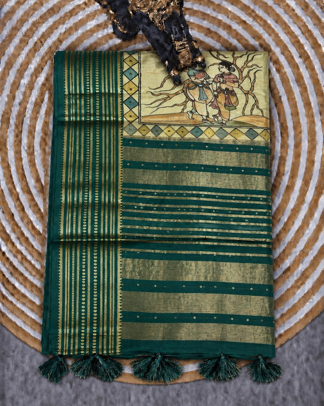 Mangalagiri saree with Potola Print and contrasting border - Pista Green