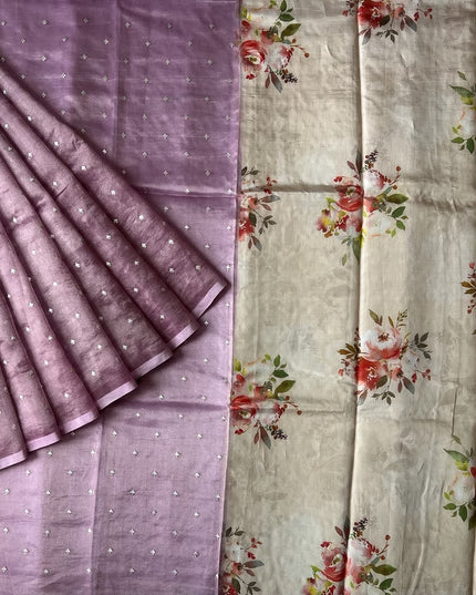 Tissue Orznga Saree With Allover Golden Buttes and Small Border - Light Pink