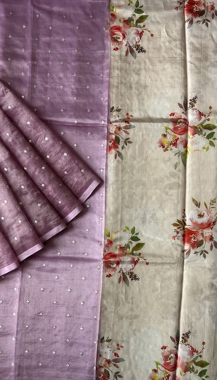 Tissue Orznga Saree With Allover Golden Buttes and Small Border - Light Pink