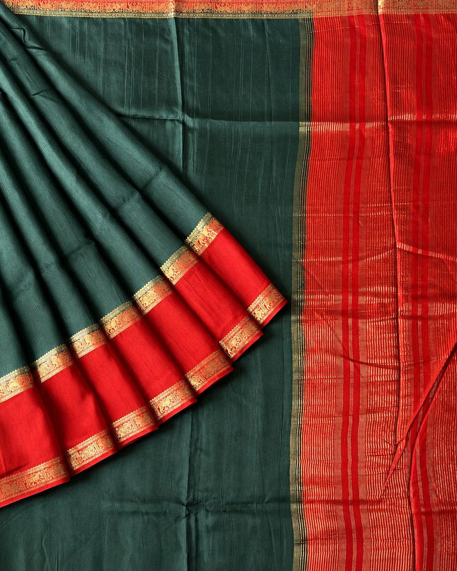 Dola Silk Saree with Small Elephant Design Gap Border - Bottle Green