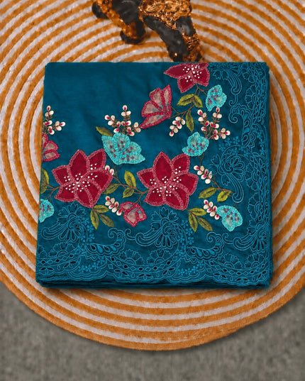 Dupion Silk  Saree with Applique work and Cut work Border - Peacock Blue