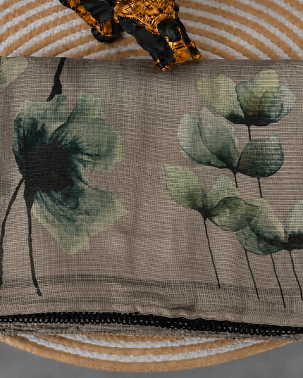 Silk Kota Saree with Floral Print and Lace  Border-Grey