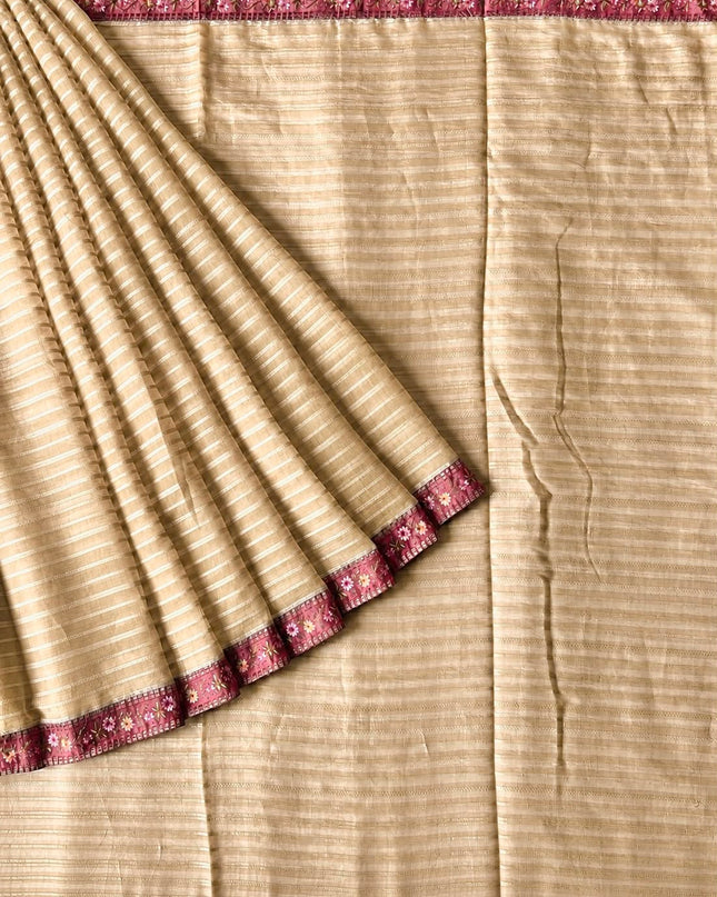 Mul Chanderi saree with Weaving Stripes and lace Border -Beige