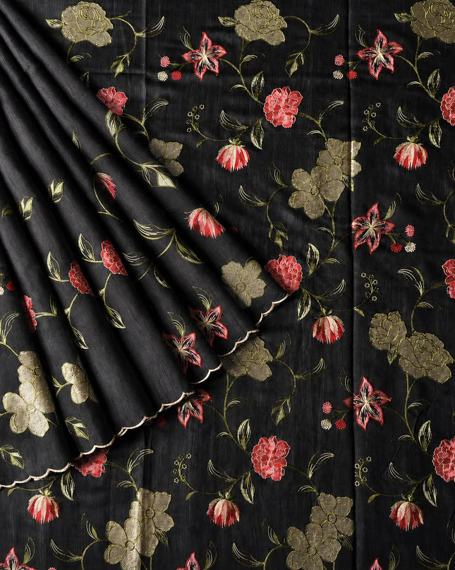 Jute Tusser Saree With All Over Thread Embroidery  Work Scallop Border - Black