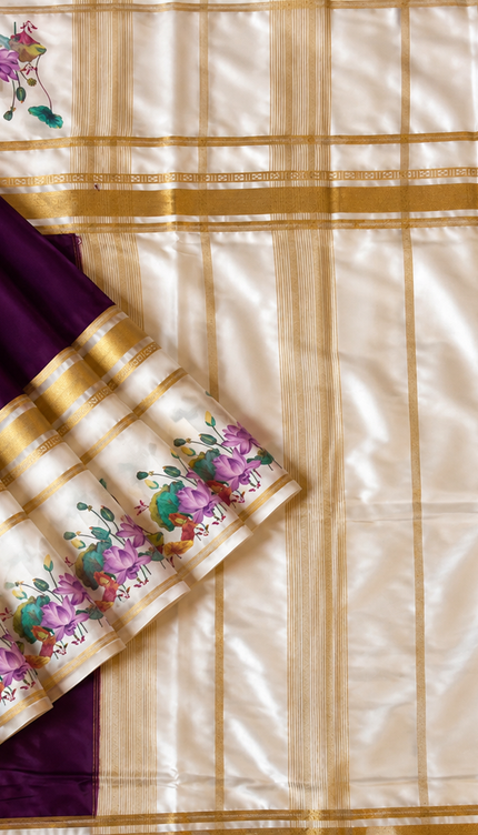 Crepe Saree With Gap Border and  Floral Print -  Violet
