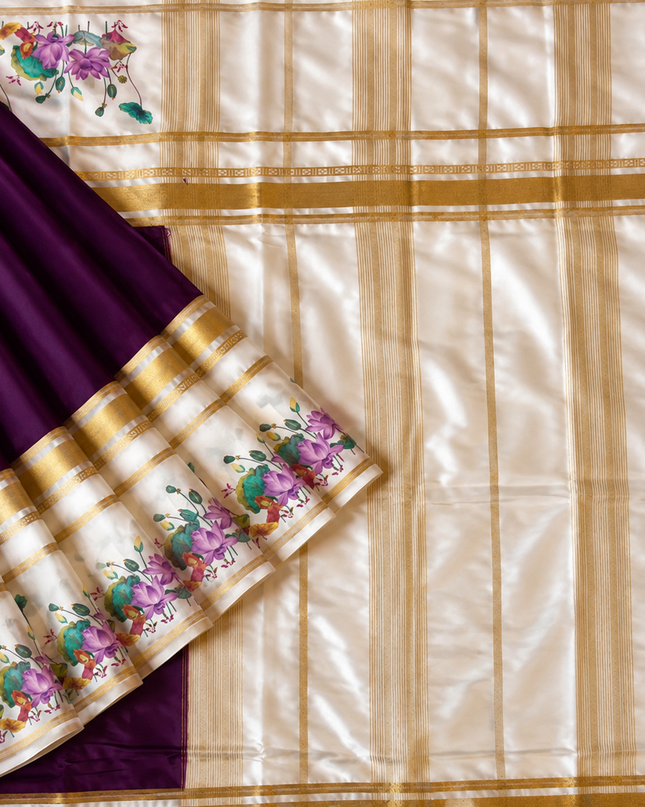 Crepe Saree With Gap Border and  Floral Print -  Violet