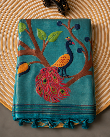 Jute Tusser Saree  with All over Sequence Work and Golden Border - Peacock Green