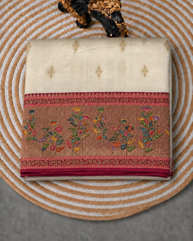 Munga Banaras Saree with Golden Buttes and Meena Kari Border - Cream & Magenta