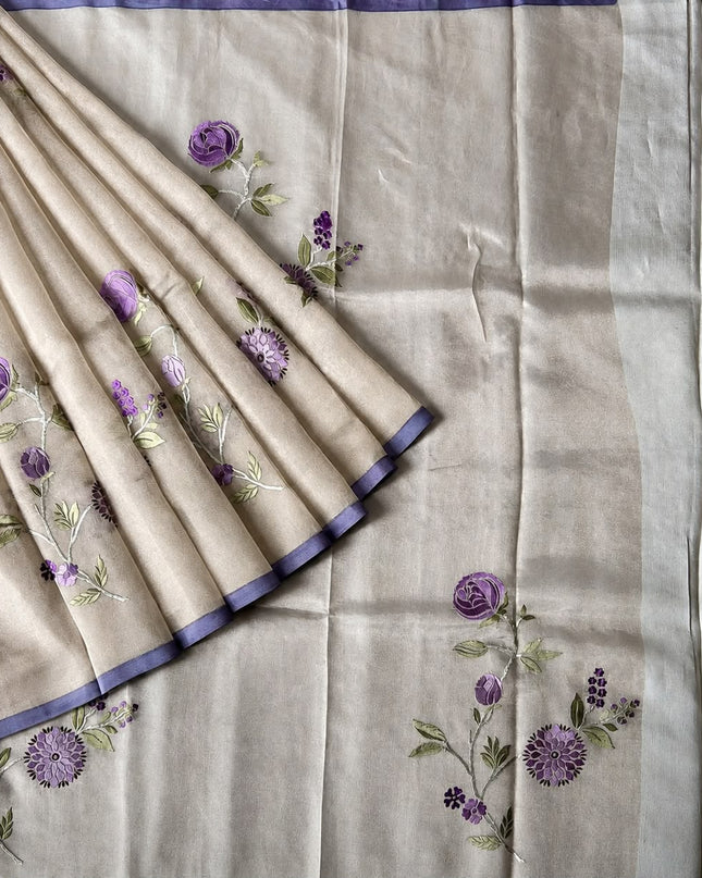 Pure Tissue Saree  with Embroidery Work and  piping border - Gold &  Lavender