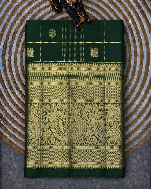 Pure Kanchi Pattu Saree With Allover Stripes Design and Rudraksh Peacock Motifs and Golden Border - Green