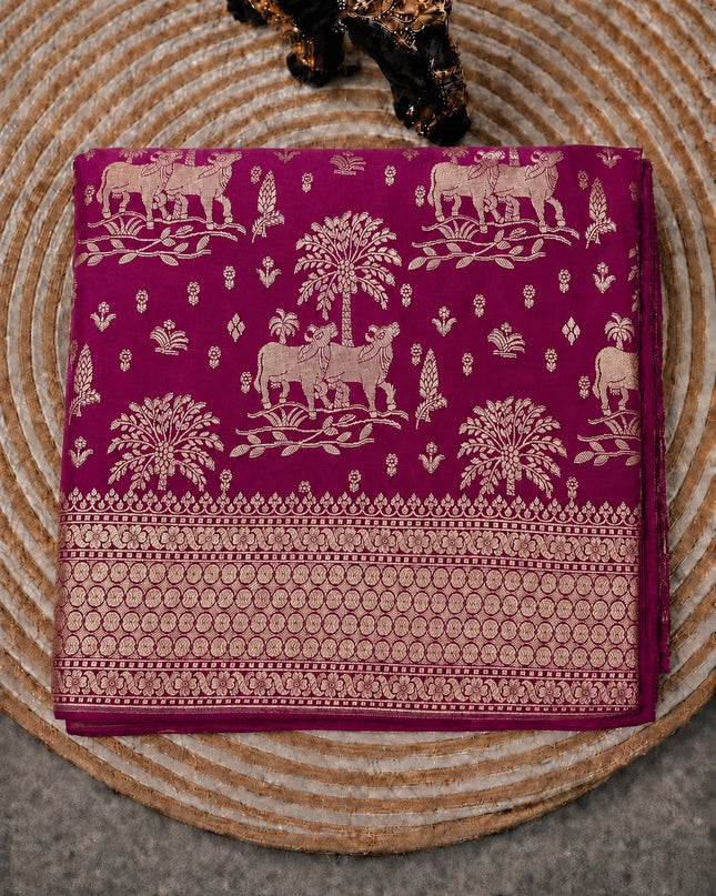 Kathan  Banaras saree with Pichwai  Weaving Buttes Ana Kaddi Border -Magenta