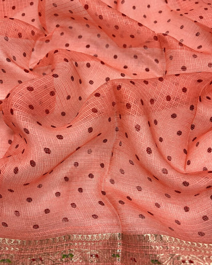 Pure Silk Kota Saree With Bhandni Print and Small Kanchi Border - Coral