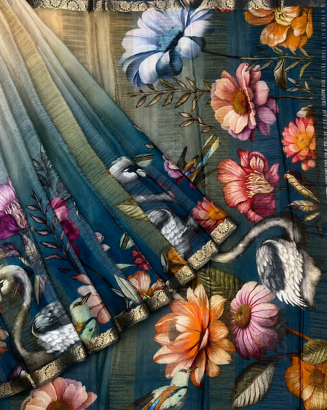 Crepe Silk Saree with  Floral Print with Contrast  Border - Grey & Blue