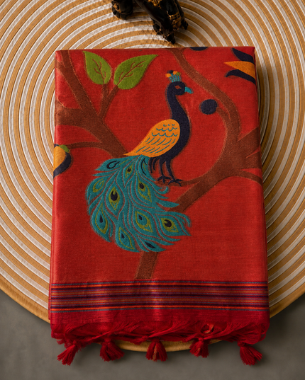 Jute Tusser Saree  with All over Sequence Work and Golden Border - Red