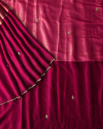 Space silk saree with Allover Karahan Butties Pearl Work and Scallop Border   -Pink