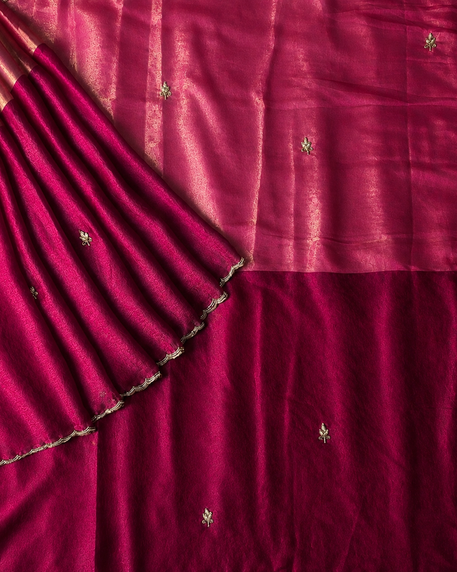 Space silk saree with Allover Karahan Butties Pearl Work and Scallop Border   -Pink