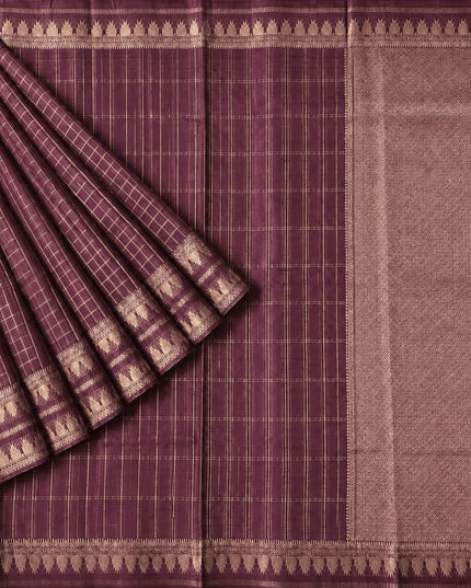 Green Silk Saree with Checks Design And Temple Design Border - Brown