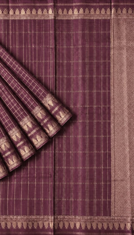 Green Silk Saree with Checks Design And Temple Design Border - Brown