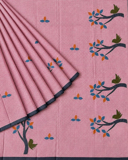 Cotton Saree With Checks Design and Contrast Border - wine