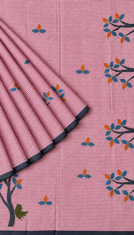 Cotton Saree With Checks Design and Contrast Border - wine