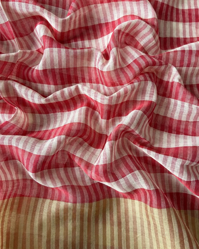 Cotton Saree With Checks Design and Tassels - Pink
