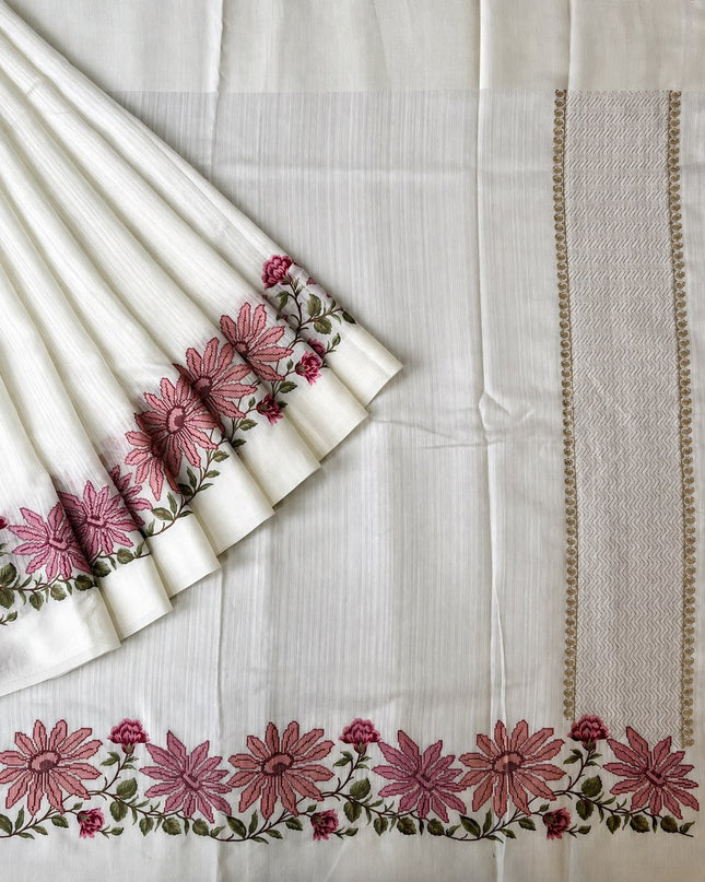 Jute Tusser Silk Saree With Cross Stich Work - White