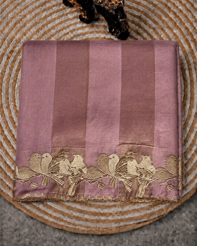 Soft Orznga  Saree With Tissue Stripes and Thread Embroidery Work Scallop Border  - Light Pink