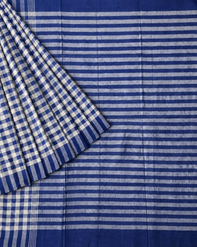 Cotton Saree With Checks Design and Tassels - Blue