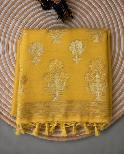 Kora Silk Saree with Self Weaving Floral Design - Mustard