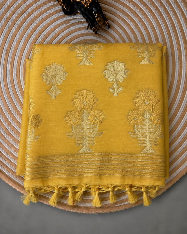 Kora Silk Saree with Self Weaving Floral Design - Mustard